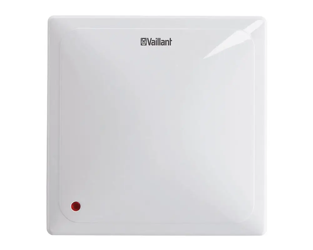 Weißes Kunststoffgehäuse mit dem Vaillant-Logo und einer roten Statusanzeige. Das Design ist schlicht und quadratisch.